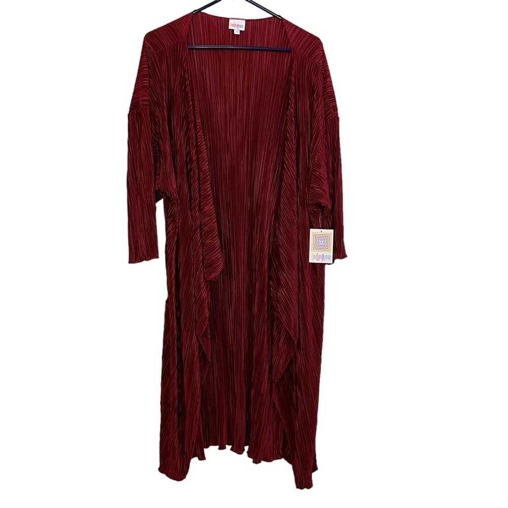 LuLaRoe Long Open-Front Pleated Duster Cardigan in Deep Red